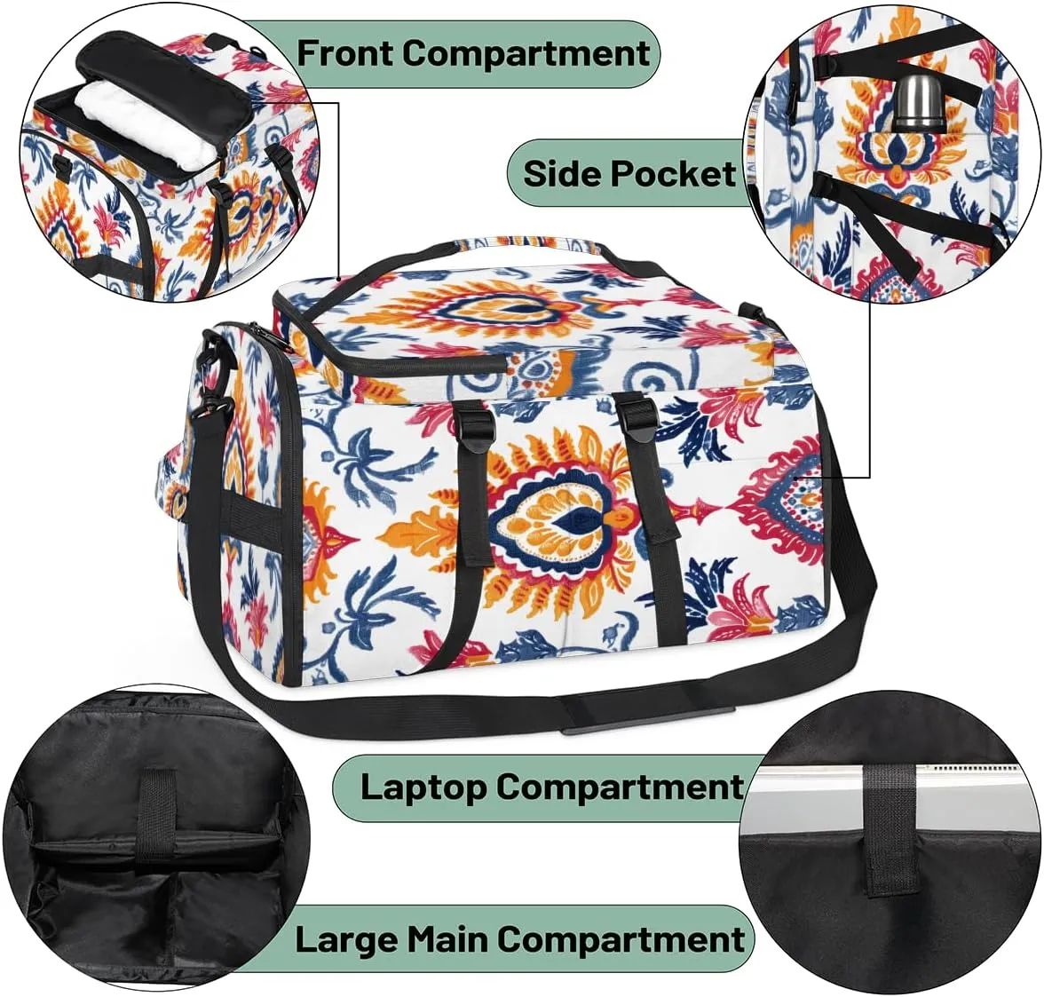 Boho Floral Travel Backpack Carry On Flight Approved for Women Men, 18.9 Inch Large Vintage Blossom Flowers Airline Approved Luggage Weekender Backpacks