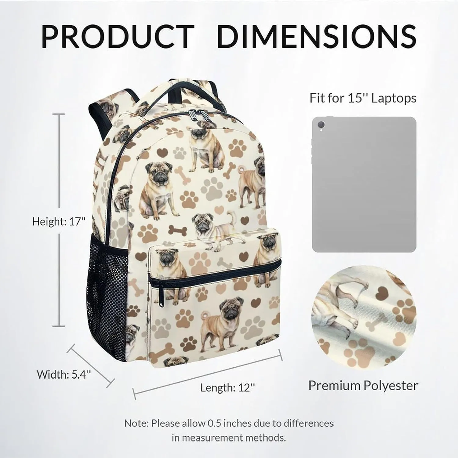 Bookbag for Girls, 17 Inch Pug Backpacks for Elementary Middle, Cute Dog Kids Backpack for School Travel