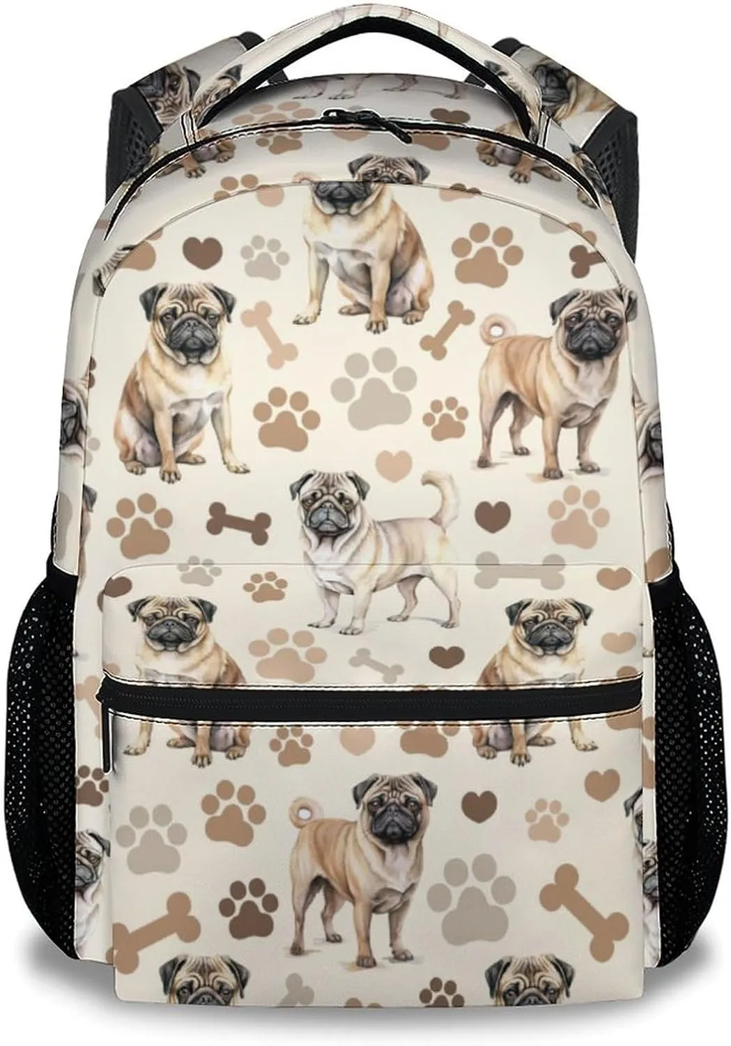 Bookbag for Girls, 17 Inch Pug Backpacks for Elementary Middle, Cute Dog Kids Backpack for School Travel