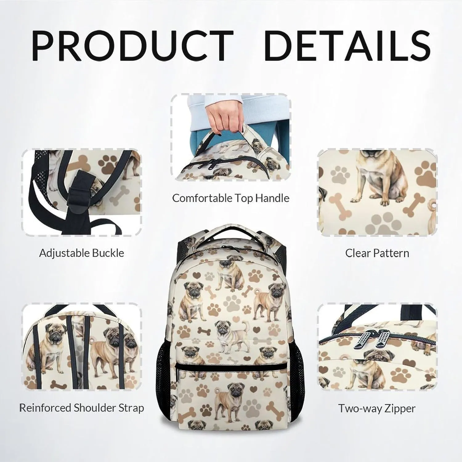 Bookbag for Girls, 17 Inch Pug Backpacks for Elementary Middle, Cute Dog Kids Backpack for School Travel