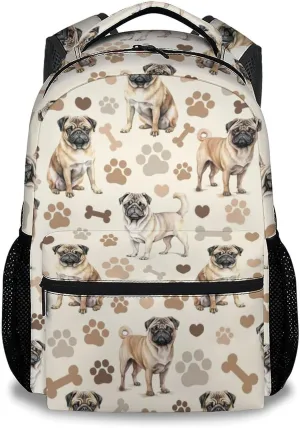Bookbag for Girls, 17 Inch Pug Backpacks for Elementary Middle, Cute Dog Kids Backpack for School Travel