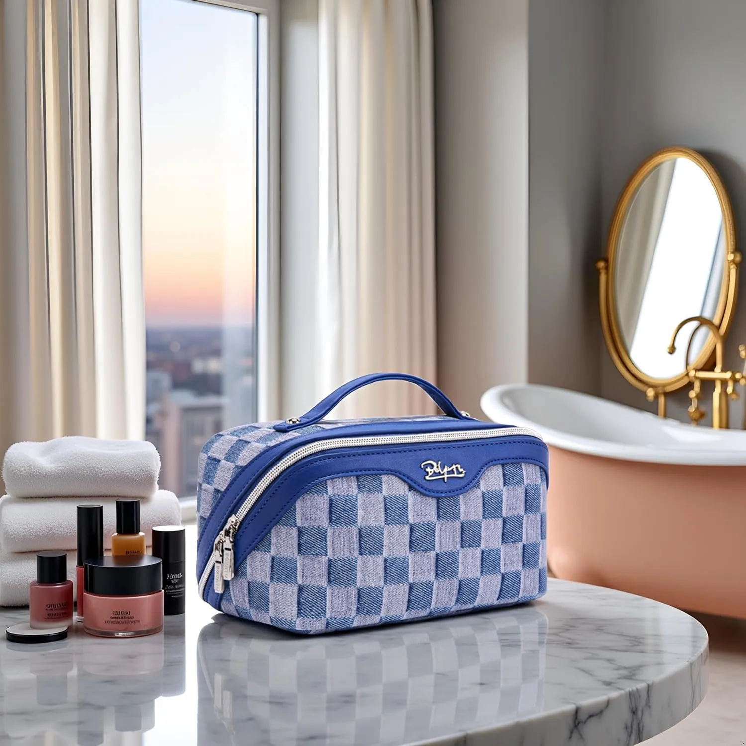 BOYATU Travel Makeup Bag for Women: Large Cosmetic Bag Set of 3 - Vegan Leather Make up Bag with Compartments - Compact Waterproof Toiletry Bag with Divider & Handle (06Blue)