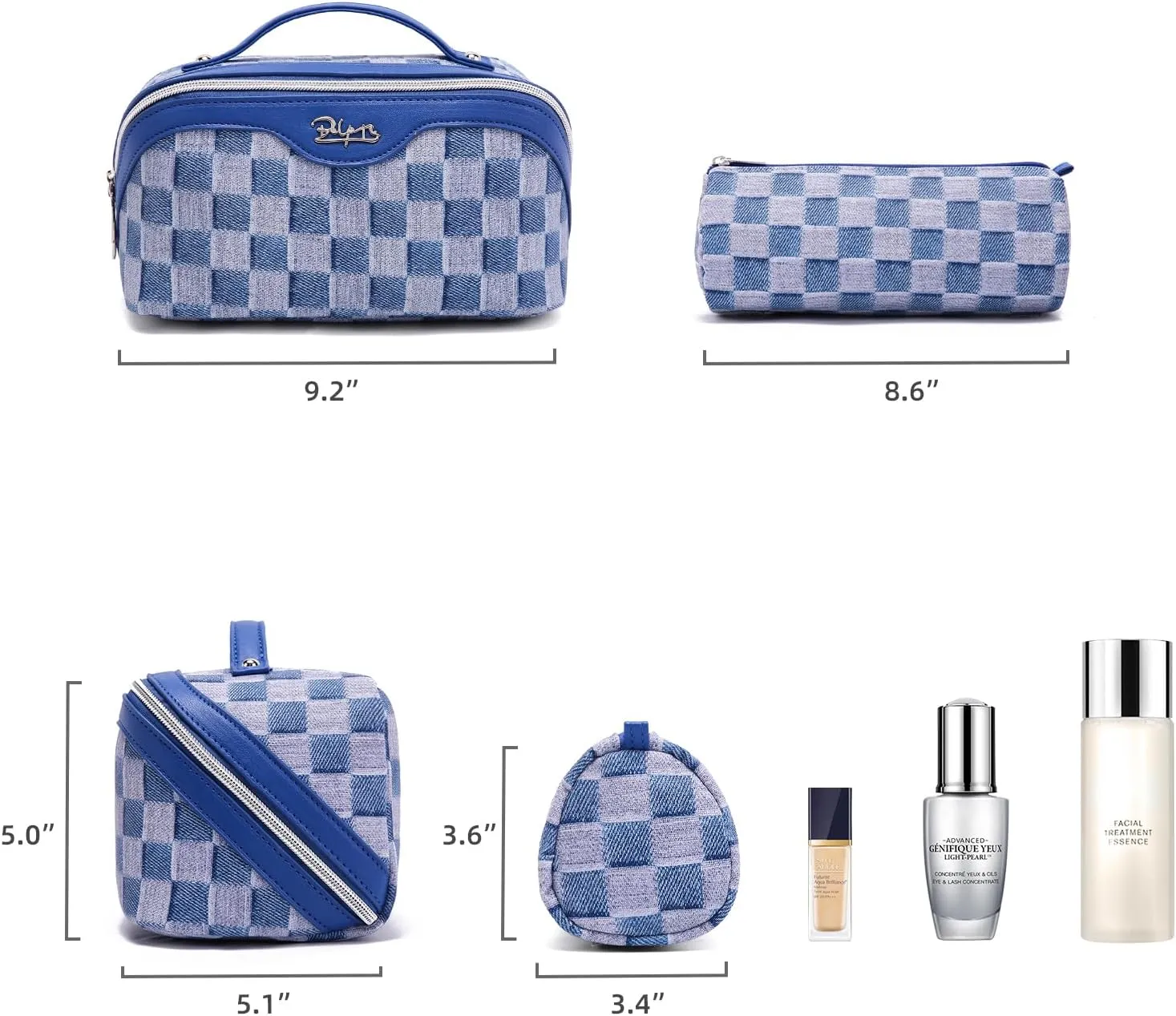 BOYATU Travel Makeup Bag for Women: Large Cosmetic Bag Set of 3 - Vegan Leather Make up Bag with Compartments - Compact Waterproof Toiletry Bag with Divider & Handle (06Blue)
