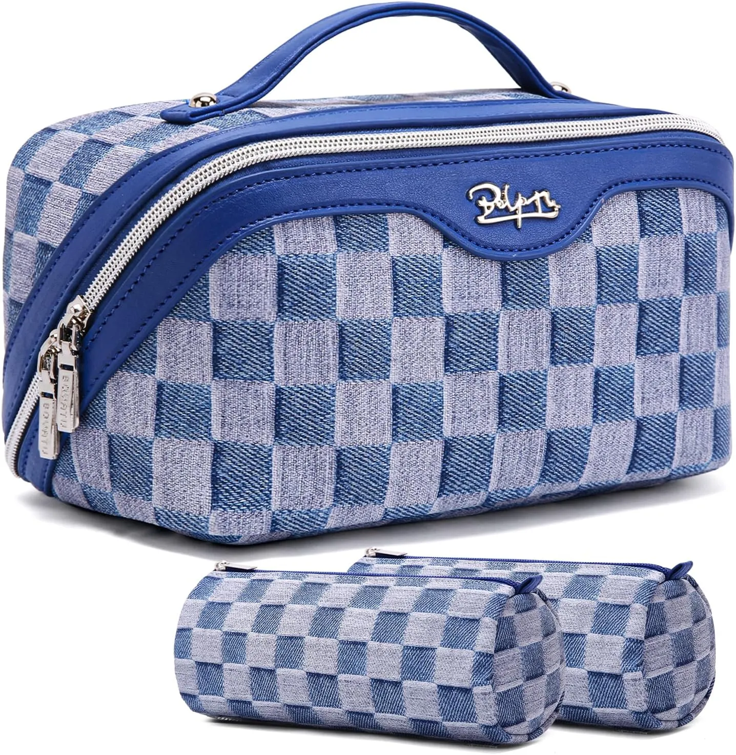 BOYATU Travel Makeup Bag for Women: Large Cosmetic Bag Set of 3 - Vegan Leather Make up Bag with Compartments - Compact Waterproof Toiletry Bag with Divider & Handle (06Blue)