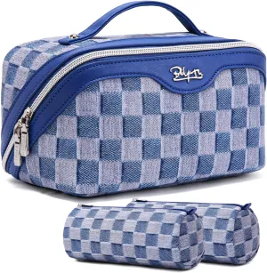BOYATU Travel Makeup Bag for Women: Large Cosmetic Bag Set of 3 - Vegan Leather Make up Bag with Compartments - Compact Waterproof Toiletry Bag with Divider & Handle (06Blue)