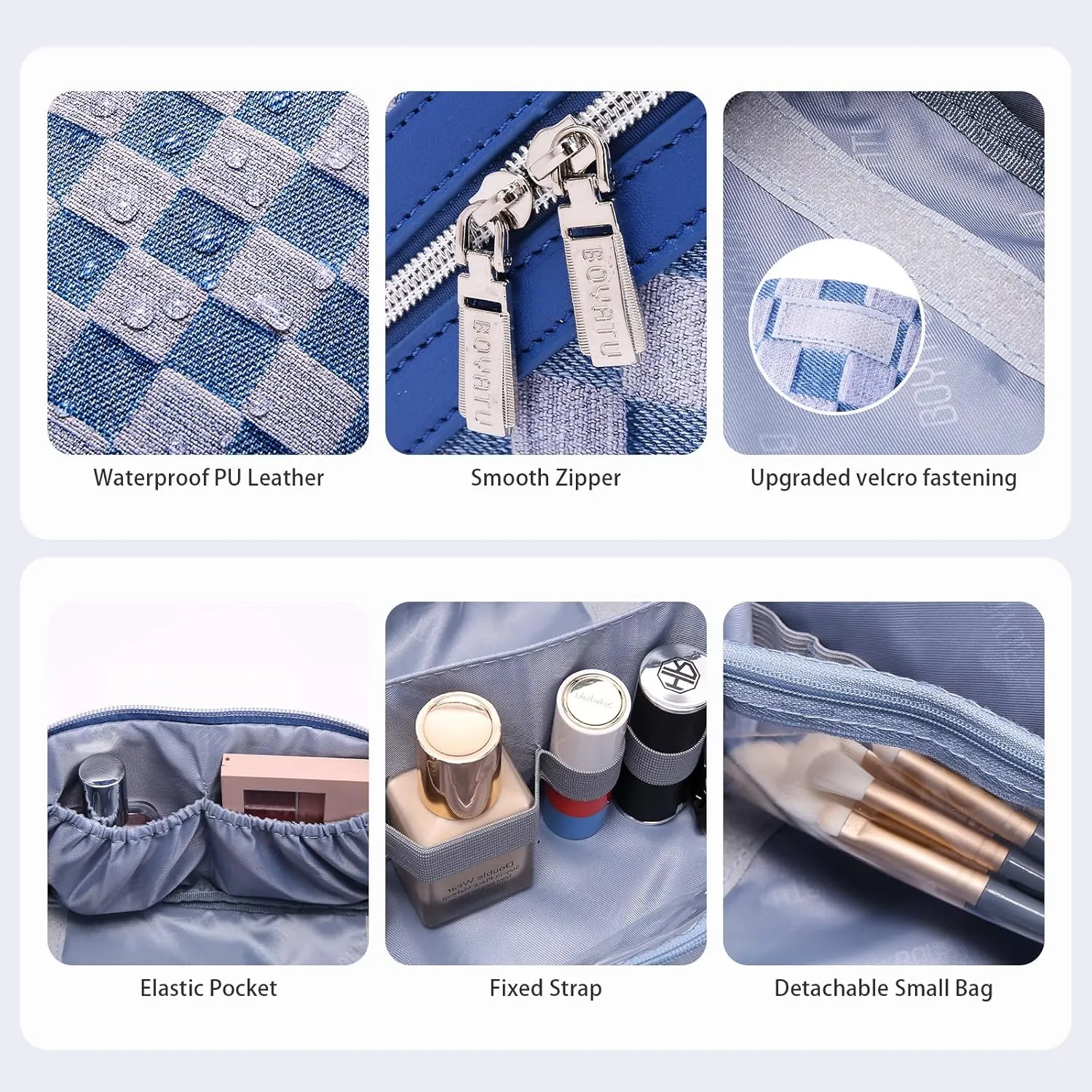 BOYATU Travel Makeup Bag for Women: Large Cosmetic Bag Set of 3 - Vegan Leather Make up Bag with Compartments - Compact Waterproof Toiletry Bag with Divider & Handle (06Blue)
