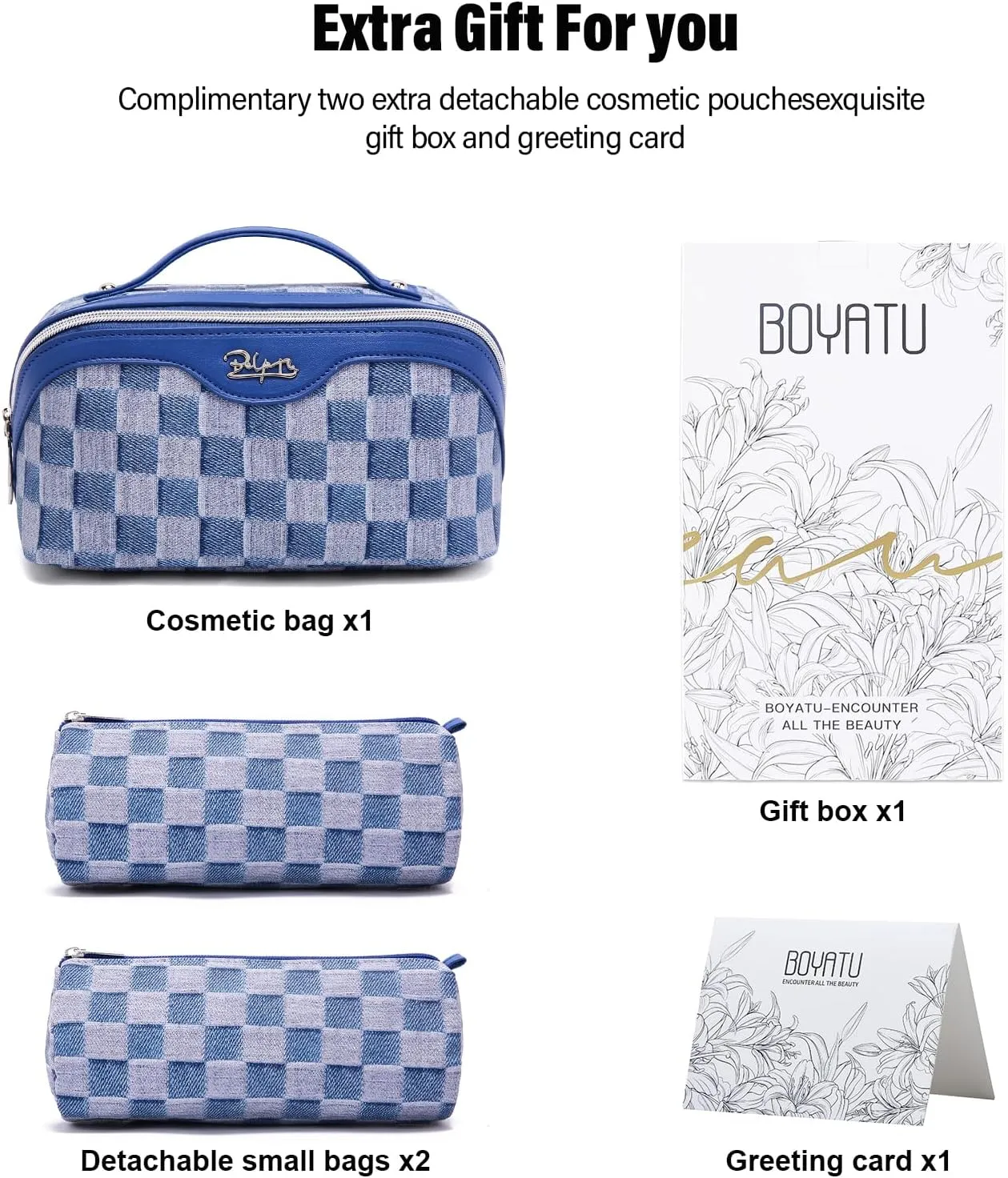 BOYATU Travel Makeup Bag for Women: Large Cosmetic Bag Set of 3 - Vegan Leather Make up Bag with Compartments - Compact Waterproof Toiletry Bag with Divider & Handle (06Blue)