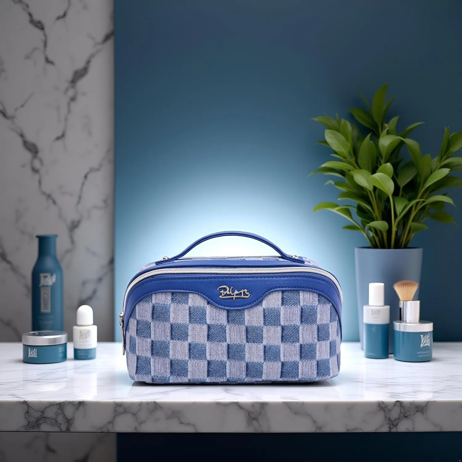 BOYATU Travel Makeup Bag for Women: Large Cosmetic Bag Set of 3 - Vegan Leather Make up Bag with Compartments - Compact Waterproof Toiletry Bag with Divider & Handle (06Blue)