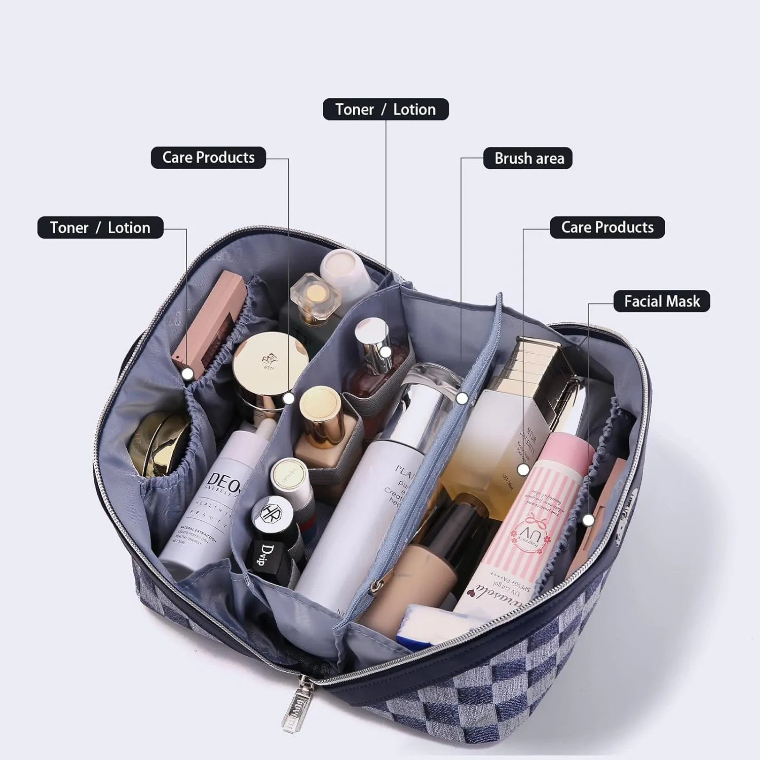 BOYATU Travel Makeup Bag for Women: Large Cosmetic Bag Set of 3 - Vegan Leather Make up Bag with Compartments - Compact Waterproof Toiletry Bag with Divider & Handle (10Deep Blue)