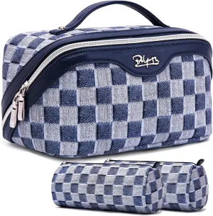 BOYATU Travel Makeup Bag for Women: Large Cosmetic Bag Set of 3 - Vegan Leather Make up Bag with Compartments - Compact Waterproof Toiletry Bag with Divider & Handle (10Deep Blue)
