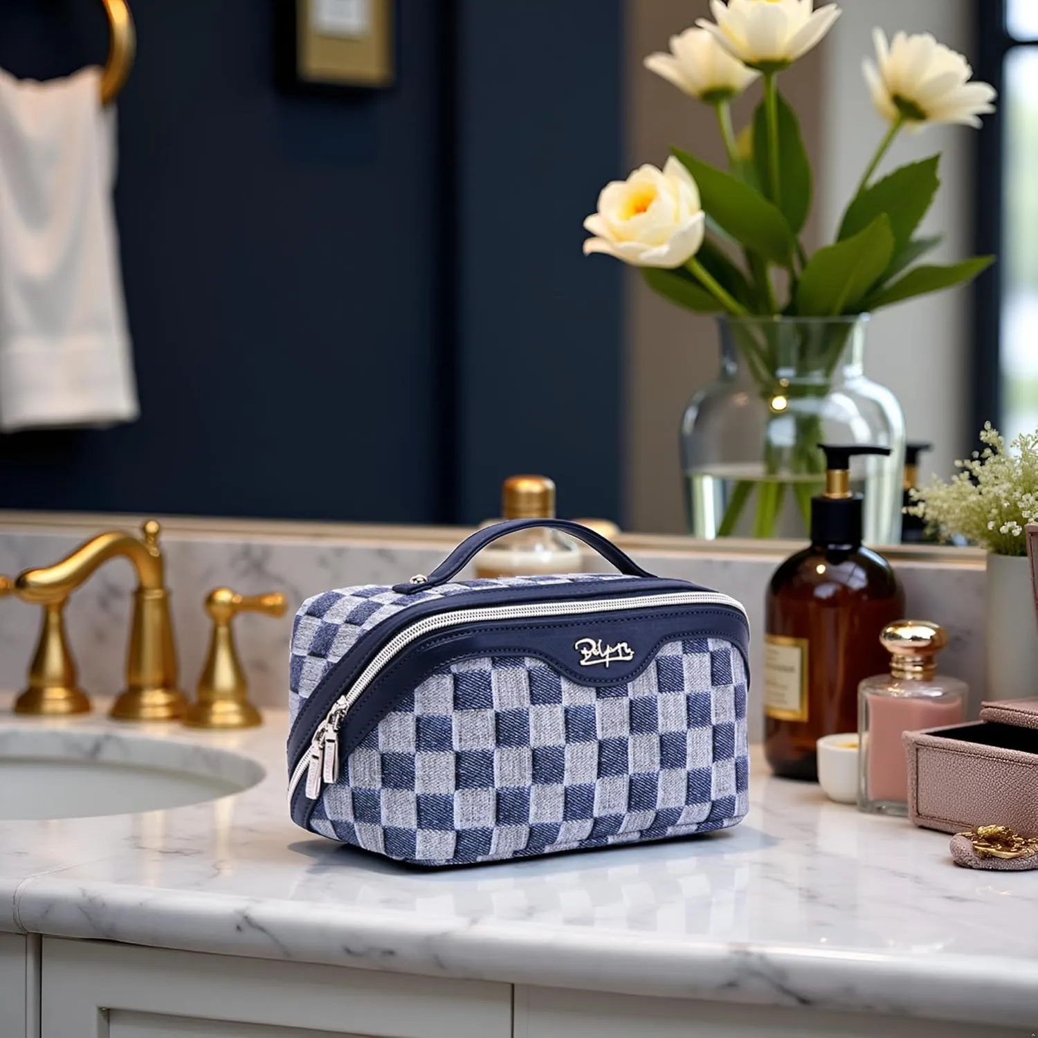 BOYATU Travel Makeup Bag for Women: Large Cosmetic Bag Set of 3 - Vegan Leather Make up Bag with Compartments - Compact Waterproof Toiletry Bag with Divider & Handle (10Deep Blue)