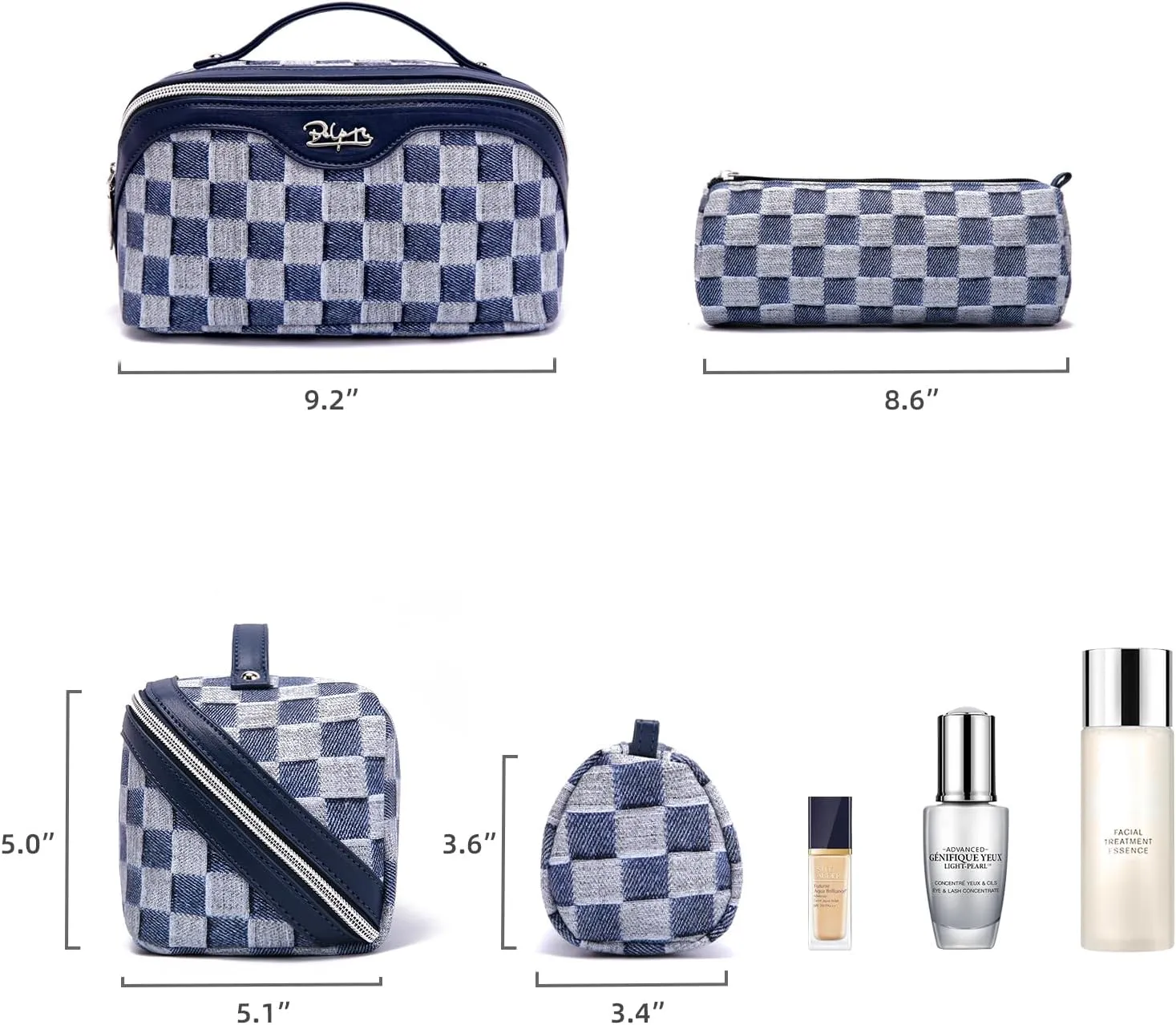 BOYATU Travel Makeup Bag for Women: Large Cosmetic Bag Set of 3 - Vegan Leather Make up Bag with Compartments - Compact Waterproof Toiletry Bag with Divider & Handle (10Deep Blue)