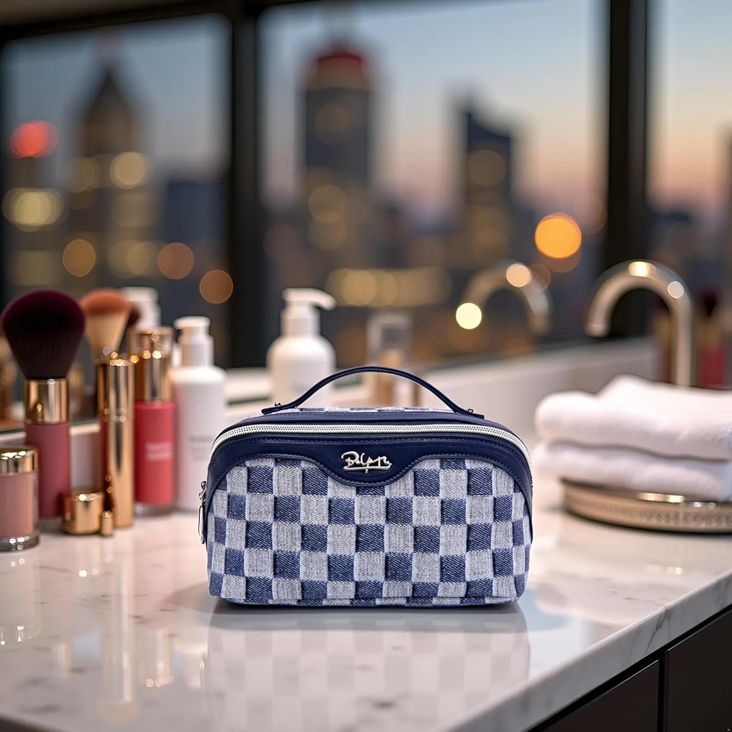BOYATU Travel Makeup Bag for Women: Large Cosmetic Bag Set of 3 - Vegan Leather Make up Bag with Compartments - Compact Waterproof Toiletry Bag with Divider & Handle (10Deep Blue)