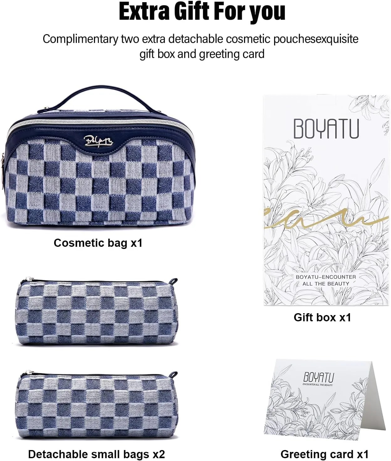 BOYATU Travel Makeup Bag for Women: Large Cosmetic Bag Set of 3 - Vegan Leather Make up Bag with Compartments - Compact Waterproof Toiletry Bag with Divider & Handle (10Deep Blue)