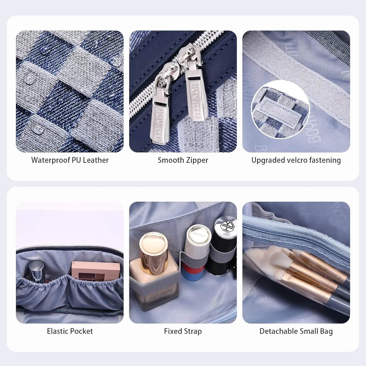 BOYATU Travel Makeup Bag for Women: Large Cosmetic Bag Set of 3 - Vegan Leather Make up Bag with Compartments - Compact Waterproof Toiletry Bag with Divider & Handle (10Deep Blue)