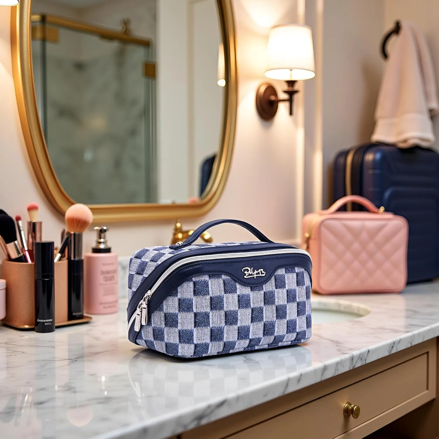 BOYATU Travel Makeup Bag for Women: Large Cosmetic Bag Set of 3 - Vegan Leather Make up Bag with Compartments - Compact Waterproof Toiletry Bag with Divider & Handle (10Deep Blue)