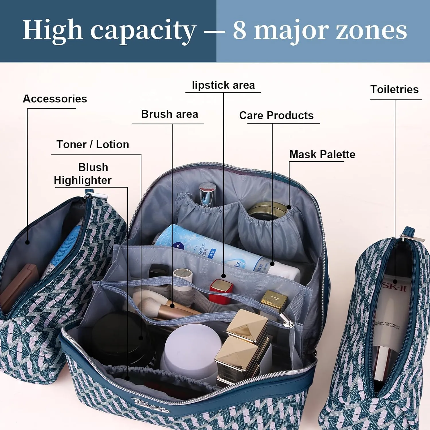 BOYATU Travel Makeup Bags for Women: Large Capacity Cosmetic Bag Set of 3 - Vegan Leather Make up Bags with Compartments - Wide Open Waterproof Toiletry Organizer Bag with Handle (A-01-Royal blue)