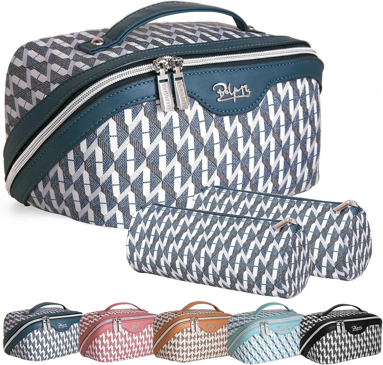 BOYATU Travel Makeup Bags for Women: Large Capacity Cosmetic Bag Set of 3 - Vegan Leather Make up Bags with Compartments - Wide Open Waterproof Toiletry Organizer Bag with Handle (A-01-Royal blue)