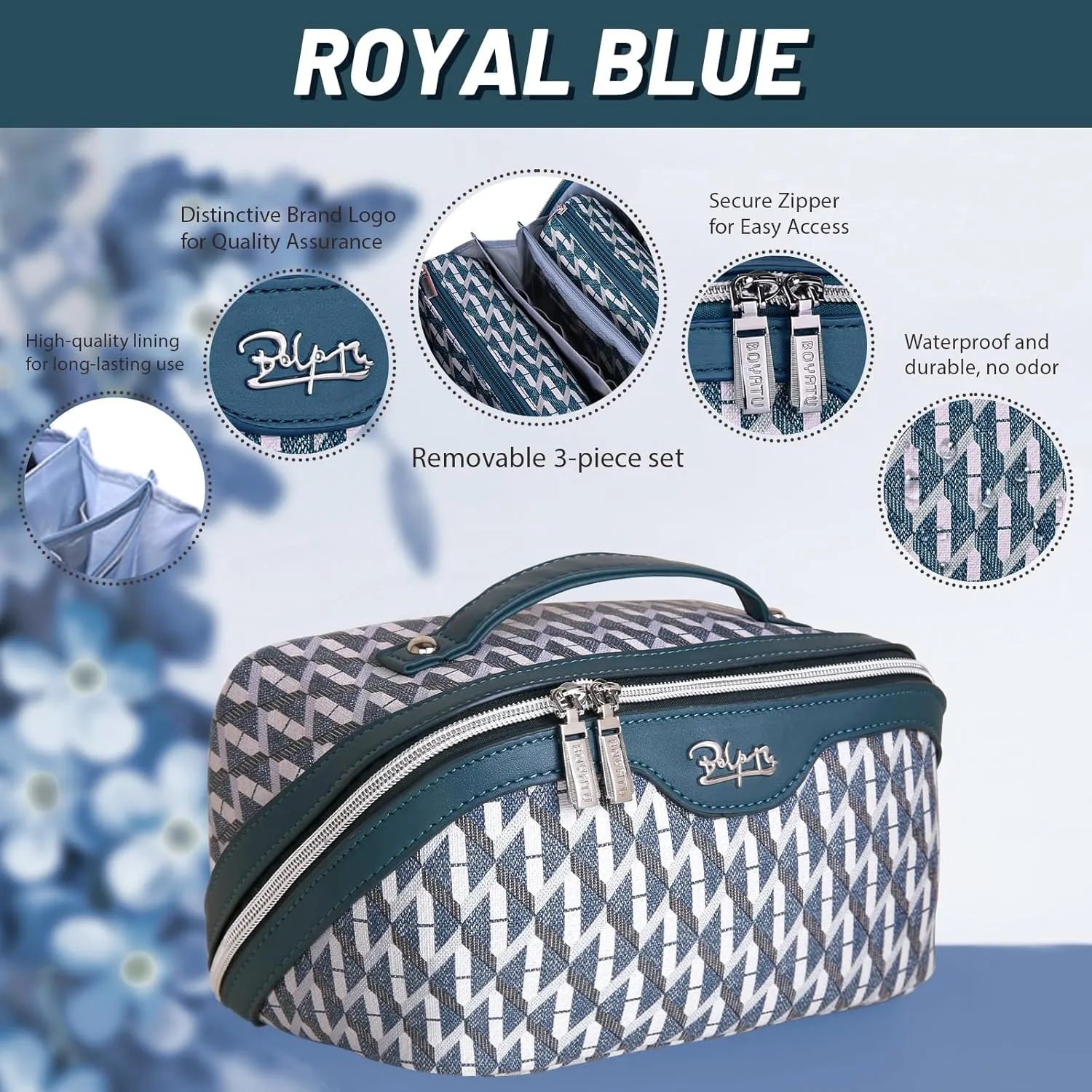 BOYATU Travel Makeup Bags for Women: Large Capacity Cosmetic Bag Set of 3 - Vegan Leather Make up Bags with Compartments - Wide Open Waterproof Toiletry Organizer Bag with Handle (A-01-Royal blue)
