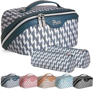 BOYATU Travel Makeup Bags for Women: Large Capacity Cosmetic Bag Set of 3 - Vegan Leather Make up Bags with Compartments - Wide Open Waterproof Toiletry Organizer Bag with Handle (A-01-Royal blue)