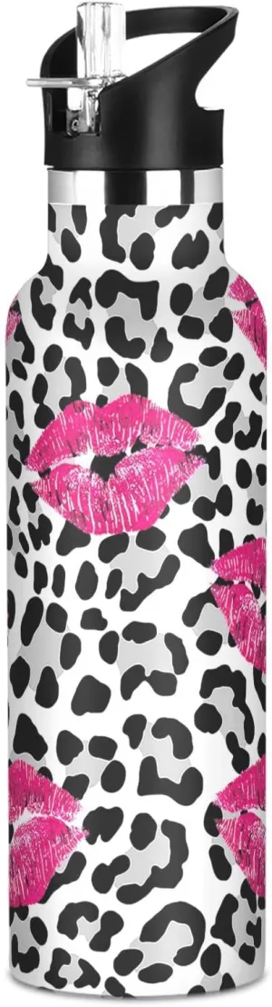 Boys Water Bottle with Straw Reusable Tumbler for Toddlers 20oz Kids Insulated Cups Leak Proof Double Wall 304 Stainless Steel Water Flask School Bottle,Black Leopard and Lips