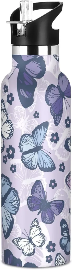 Boys Water Bottle with Straw Reusable Tumbler for Toddlers 20oz Kids Insulated Cups Leak Proof Double Wall 304 Stainless Steel Water Flask School Bottle,Butterfly and Flower Pattern