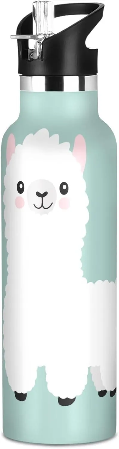 Boys Water Bottle with Straw Reusable Tumbler for Toddlers 20oz Kids Insulated Cups Leak Proof Double Wall 304 Stainless Steel Water Flask School Bottle,Cute Alpaca