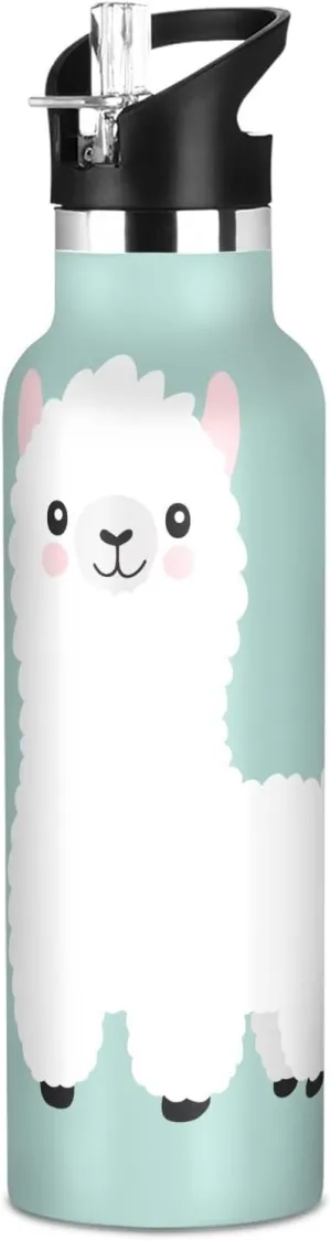Boys Water Bottle with Straw Reusable Tumbler for Toddlers 20oz Kids Insulated Cups Leak Proof Double Wall 304 Stainless Steel Water Flask School Bottle,Cute Alpaca