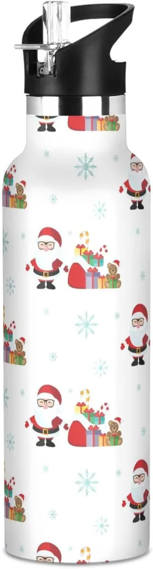 Boys Water Bottle with Straw Reusable Tumbler for Toddlers 20oz Kids Insulated Cups Leak Proof Double Wall 304 Stainless Steel Water Flask School Bottle,Cute Santa Claus and Gifts