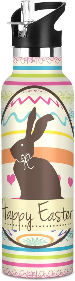 Boys Water Bottle with Straw Reusable Tumbler for Toddlers 20oz Kids Insulated Cups Leak Proof Double Wall 304 Stainless Steel Water Flask School Bottle,Easter Retro Unique Rabbit