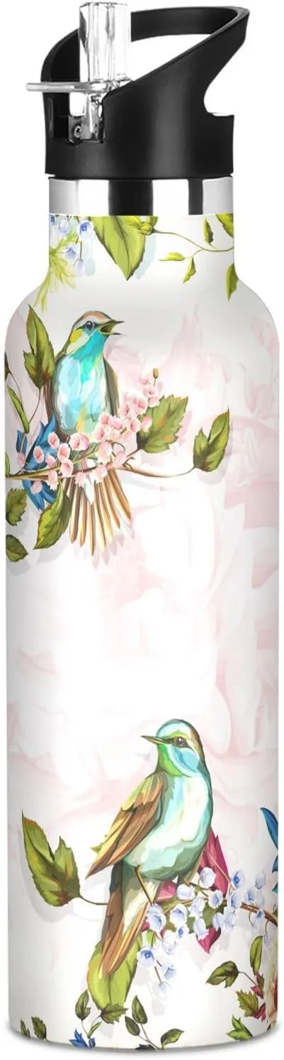 Boys Water Bottle with Straw Reusable Tumbler for Toddlers 20oz Kids Insulated Cups Leak Proof Double Wall 304 Stainless Steel Water Flask School Bottle,Flowers Beautiful Birds