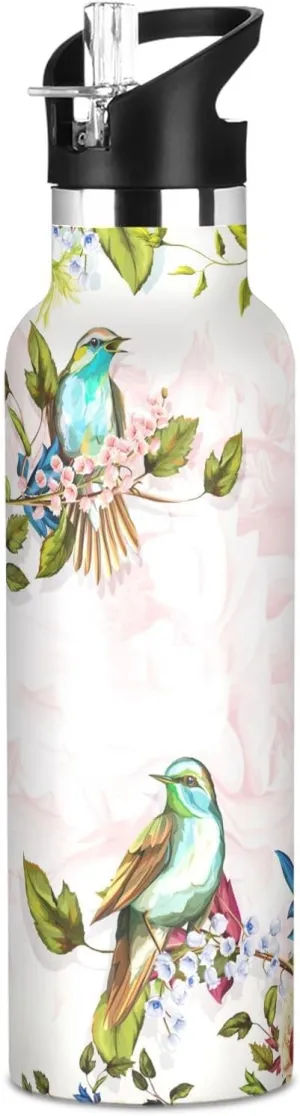 Boys Water Bottle with Straw Reusable Tumbler for Toddlers 20oz Kids Insulated Cups Leak Proof Double Wall 304 Stainless Steel Water Flask School Bottle,Flowers Beautiful Birds