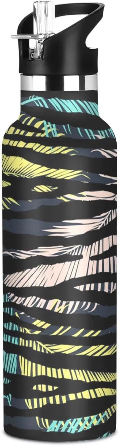 Boys Water Bottle with Straw Reusable Tumbler for Toddlers 20oz Kids Insulated Cups Leak Proof Double Wall 304 Stainless Steel Water Flask School Bottle,Palm Leaves Zebra Print