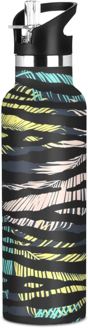 Boys Water Bottle with Straw Reusable Tumbler for Toddlers 20oz Kids Insulated Cups Leak Proof Double Wall 304 Stainless Steel Water Flask School Bottle,Palm Leaves Zebra Print
