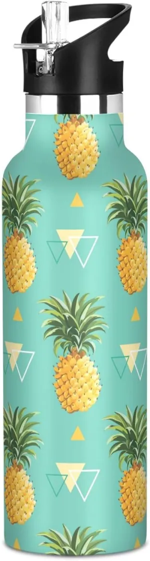 Boys Water Bottle with Straw Reusable Tumbler for Toddlers 20oz Kids Insulated Cups Leak Proof Double Wall 304 Stainless Steel Water Flask School Bottle,Pineapple and Triangle