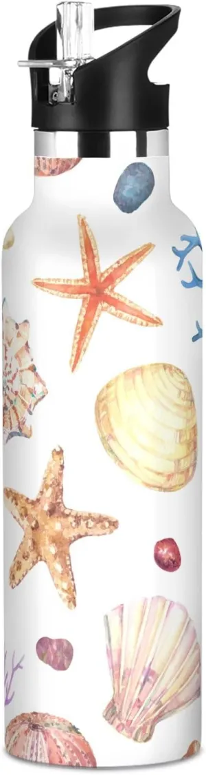 Boys Water Bottle with Straw Reusable Tumbler for Toddlers 20oz Kids Insulated Cups Leak Proof Double Wall 304 Stainless Steel Water Flask School Bottle,Watercolor Starfish