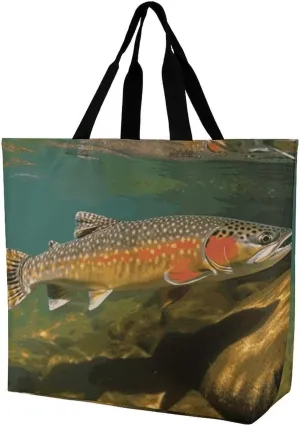 Brook Trout Fly Fishing Handbags Lightweight Travel Shoulder Bag Portable Cute Shopping Beach Market Bag for Men Women Hiking Yoga Gym Swimming Travel Holiday Gift