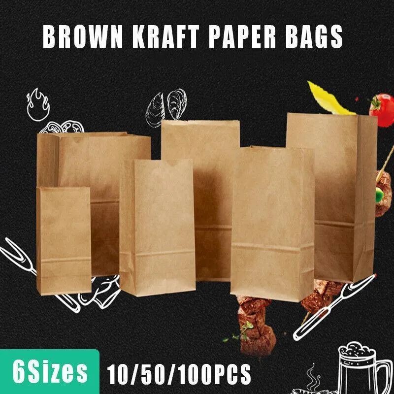 Brown Kraft Paper Grocery Bags 10-100PCS 6Sizes