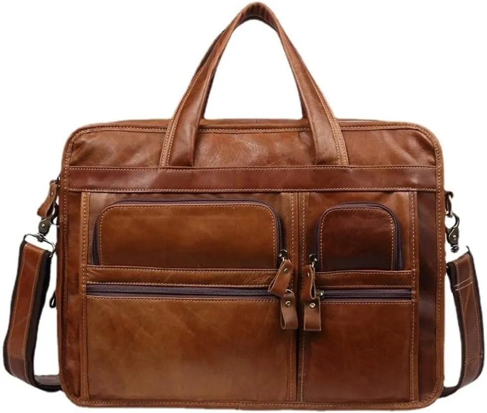 Business 15.6 Laptop Travel Case Messenger Shoulder Genuine Leather Briefcase For Men