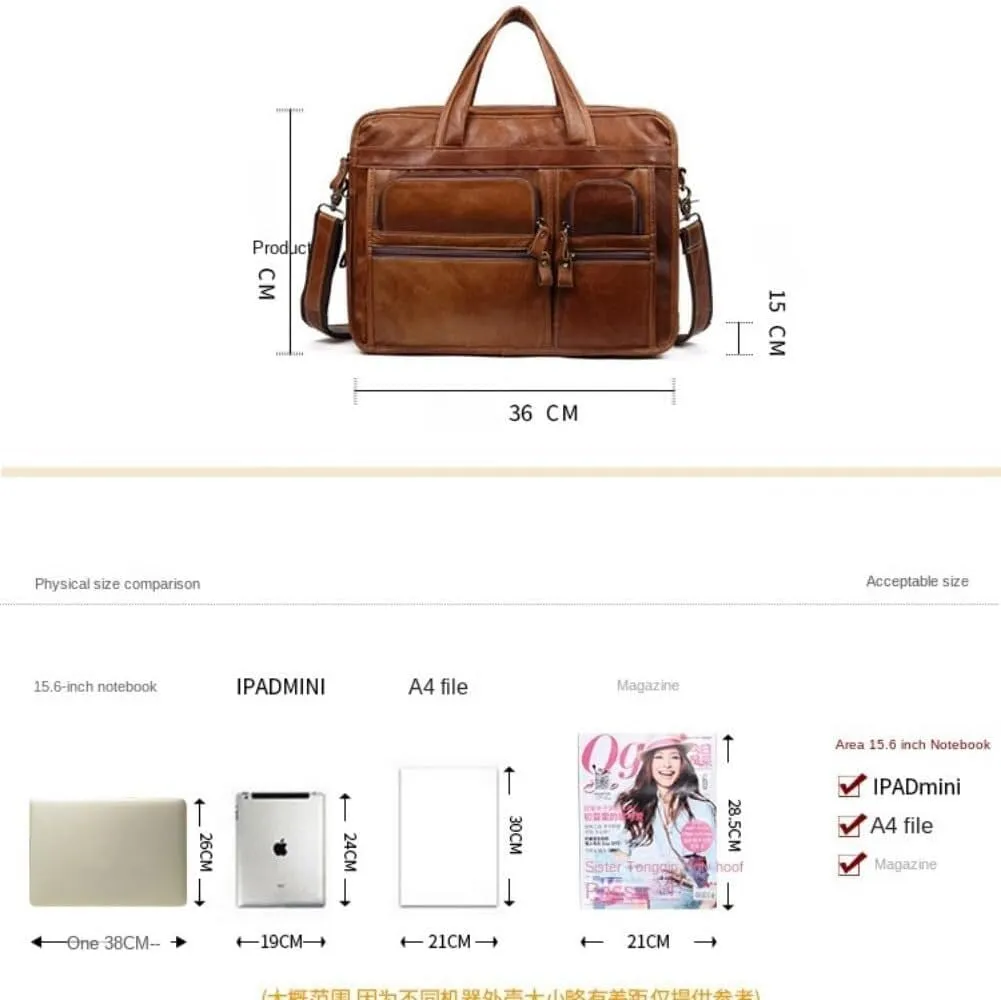 Business 15.6 Laptop Travel Case Messenger Shoulder Genuine Leather Briefcase For Men