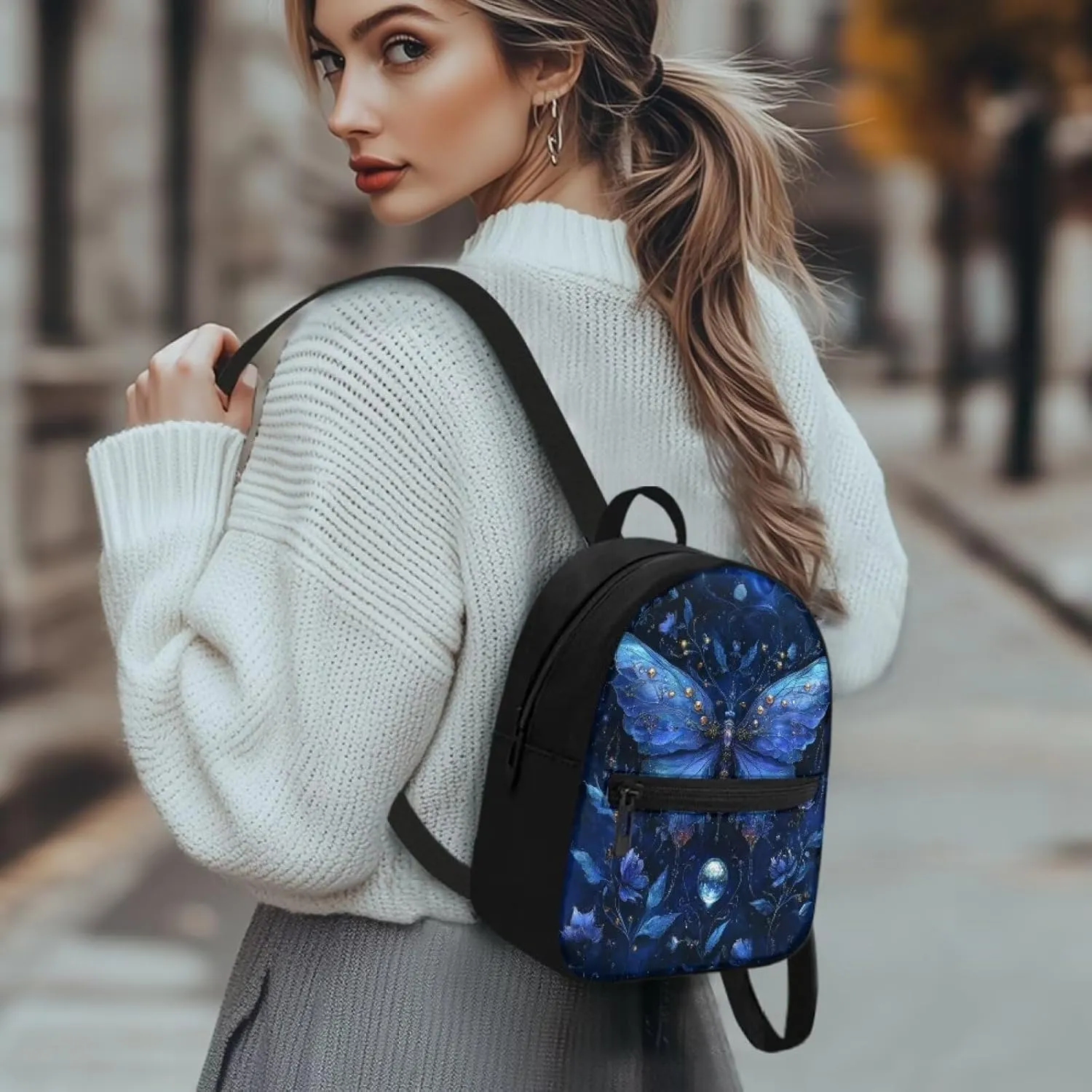 Butterfly Blue Women's Fashion Backpack Durable Rucksack Small Size Waterproof Design for Shopping, Weekend Trips, College