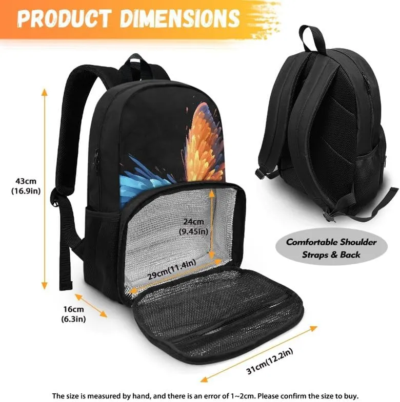 Butterfly Print 17 Inch Lunch Backpack Blue Orange Butterflies Travel Backpacks for Women 2 in 1 Insulated Cooler Lunch Backpack, Black