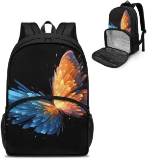 Butterfly Print 17 Inch Lunch Backpack Blue Orange Butterflies Travel Backpacks for Women 2 in 1 Insulated Cooler Lunch Backpack, Black