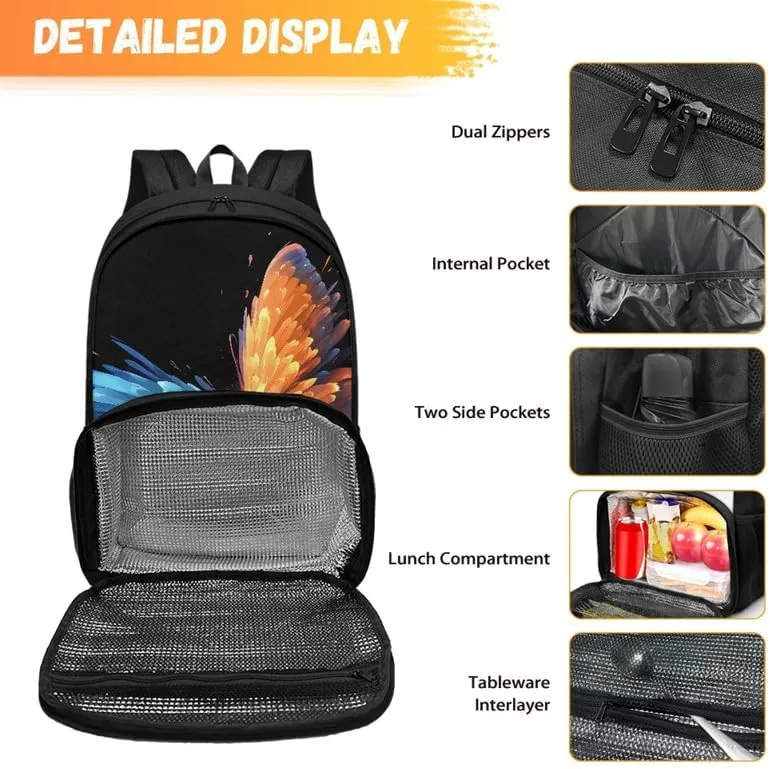 Butterfly Print 17 Inch Lunch Backpack Blue Orange Butterflies Travel Backpacks for Women 2 in 1 Insulated Cooler Lunch Backpack, Black