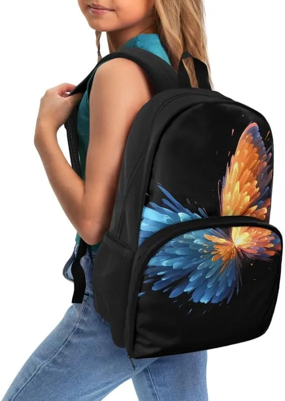Butterfly Print 17 Inch Lunch Backpack Blue Orange Butterflies Travel Backpacks for Women 2 in 1 Insulated Cooler Lunch Backpack, Black