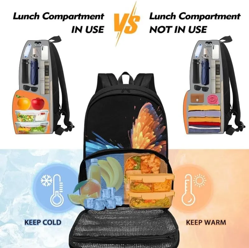 Butterfly Print 17 Inch Lunch Backpack Blue Orange Butterflies Travel Backpacks for Women 2 in 1 Insulated Cooler Lunch Backpack, Black