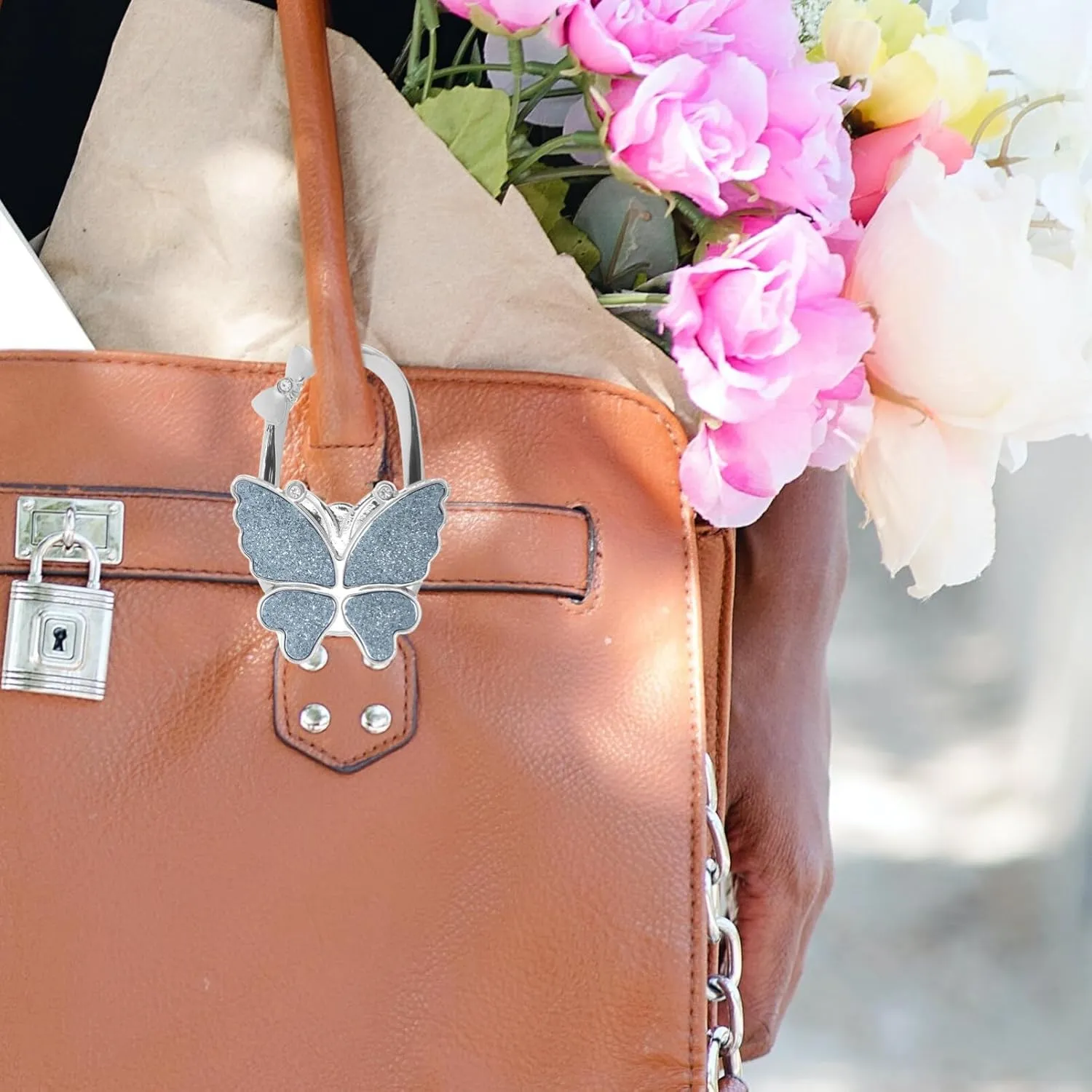 Butterfly Purse Hook Foldable Handbag Hanger Crystal Rhinestone Table Hanger Bag Holder for Home Office Desk Tables A