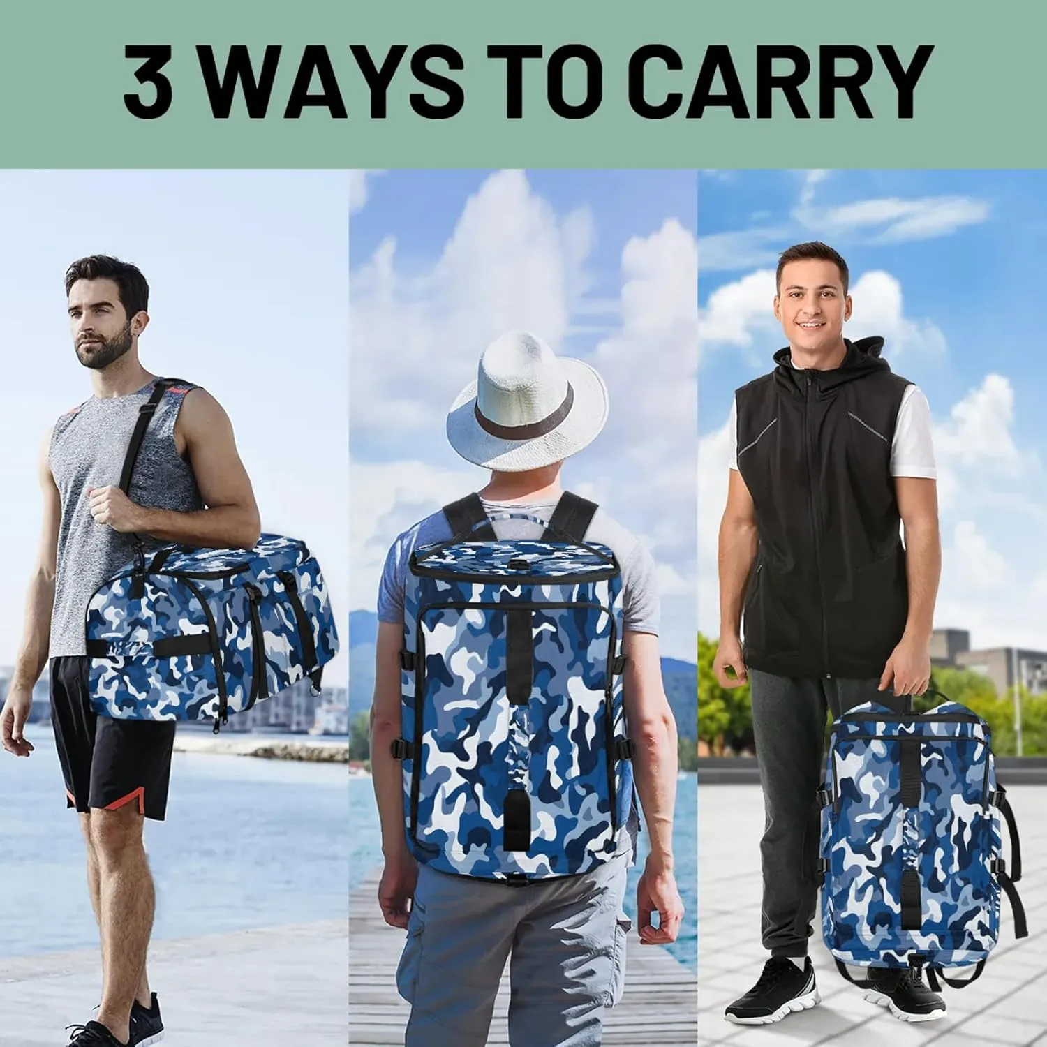 Camo Gym Bags for Men Women Sports Backpack with Shoe Compartment 3-in-1 Tactical Duffle Bag for Overnight Weekender Travel