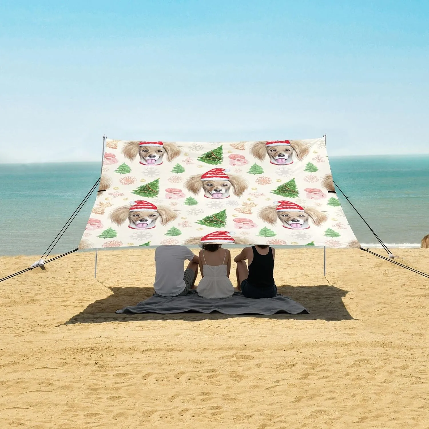 Canopy Beach Tent Christmas Dogs Beige Patio Sun Shade Outdoor 9.2 × 10.5 FT Shades Camping Sun Shelter Windproof with Sand Anchor Poles