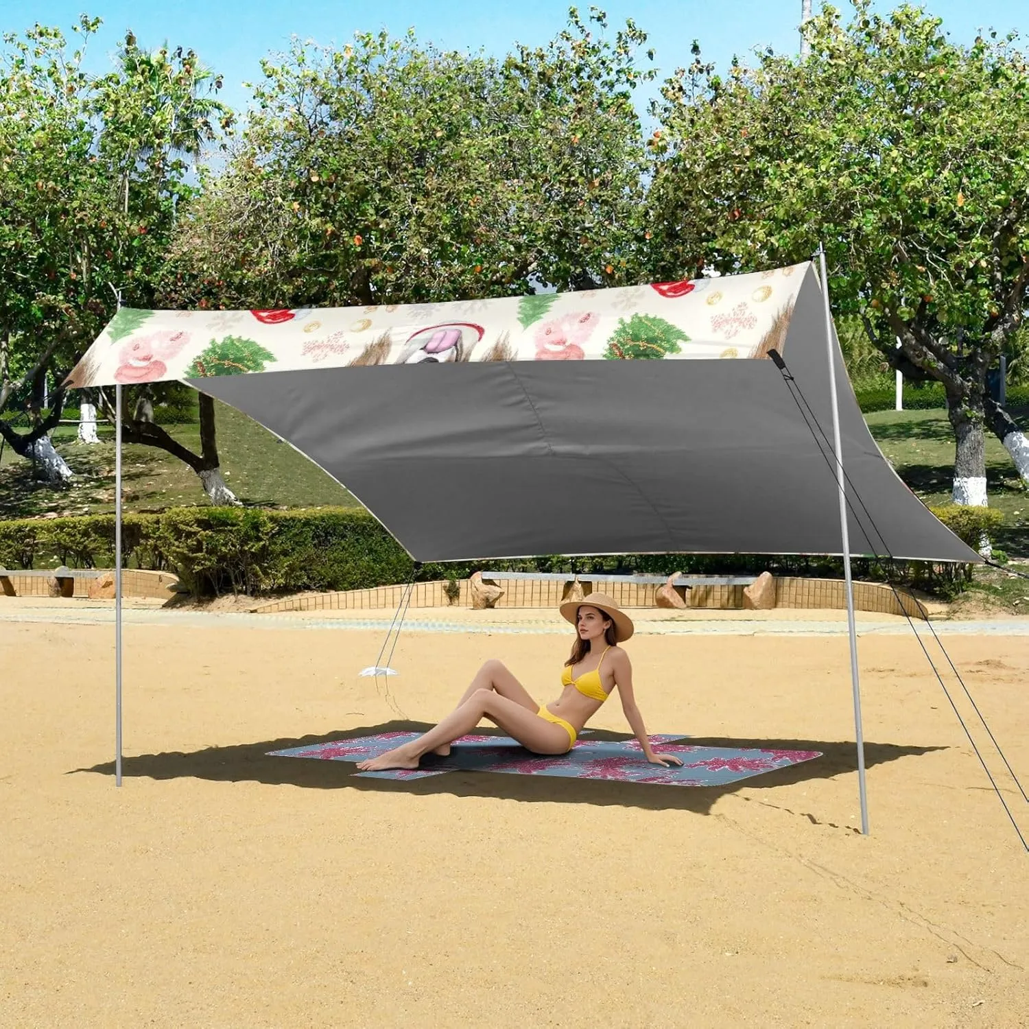 Canopy Beach Tent Christmas Dogs Beige Patio Sun Shade Outdoor 9.2 × 10.5 FT Shades Camping Sun Shelter Windproof with Sand Anchor Poles